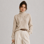 A woman wearing a cream cable-knit mock-neck sweater with a brown belt and cream trousers, standing against a light gray studio background.