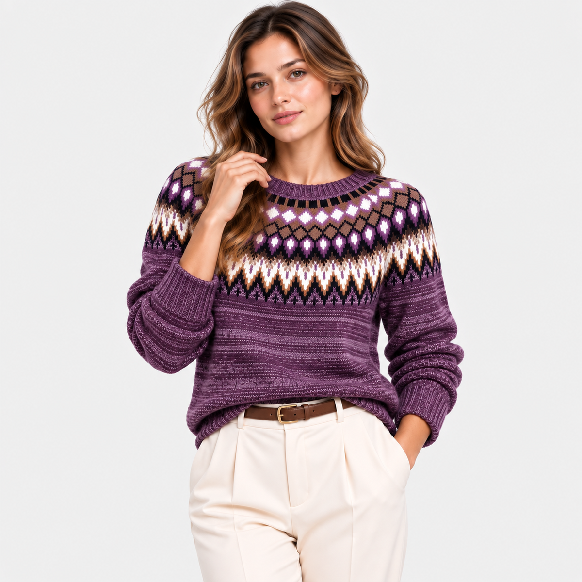 A woman modeling a purple Fair Isle knit sweater with geometric patterns in white, brown, and purple, paired with cream trousers, against a light gray studio background.