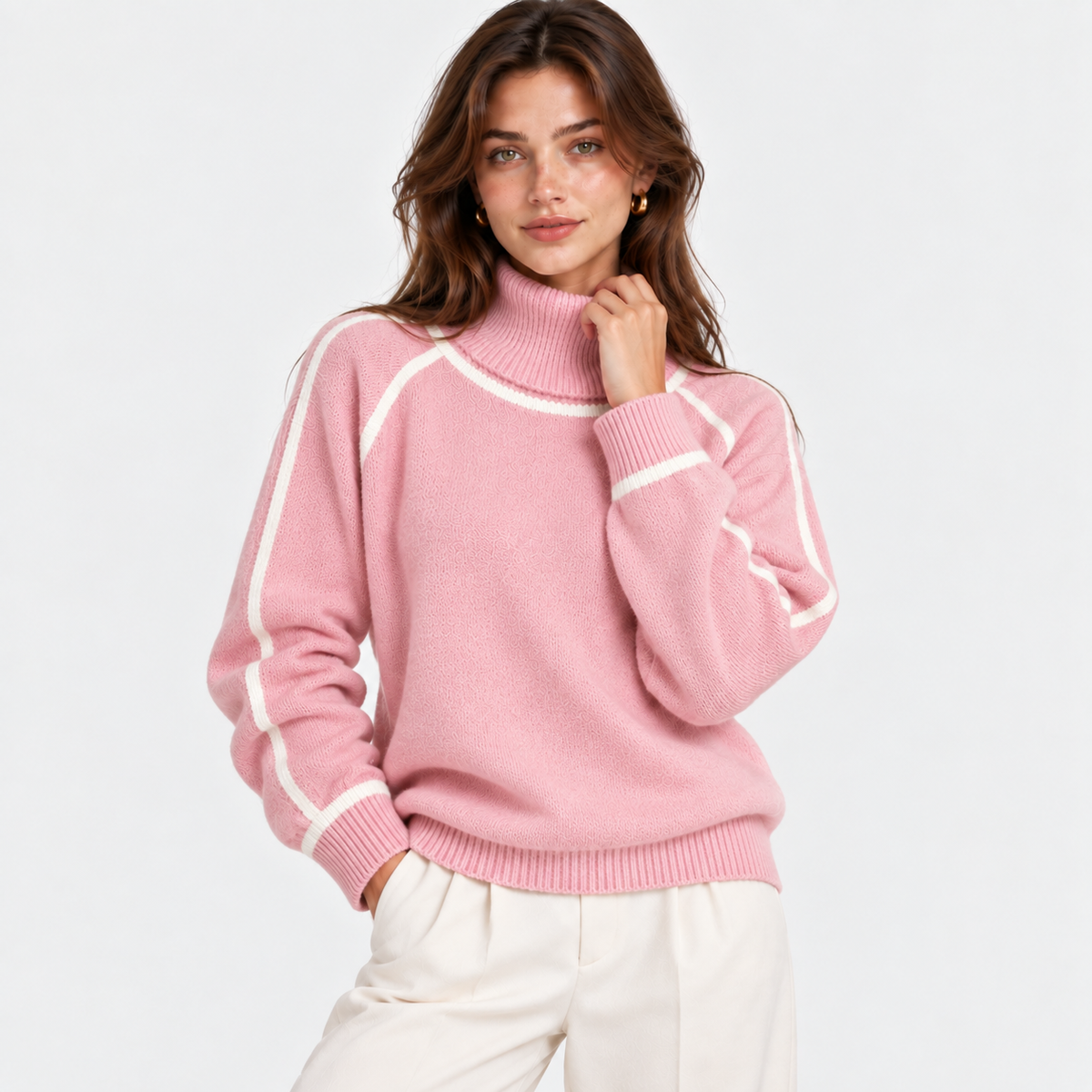 A woman wearing a pink mock-neck knit sweater with white contrast stripes along the shoulders and sleeves, paired with off-white trousers, against a plain light gray background.