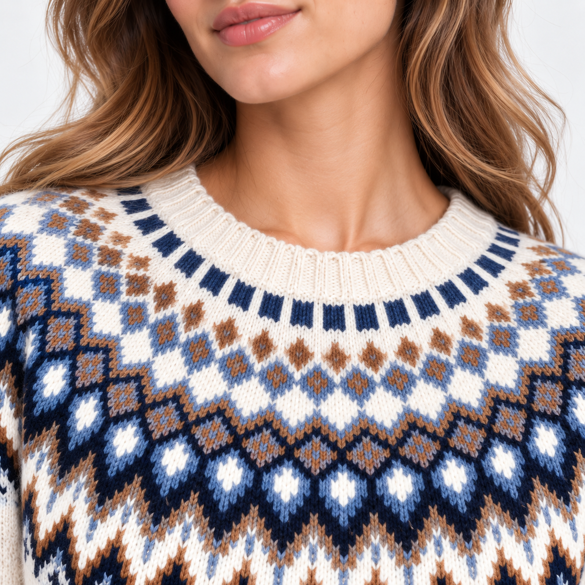 Close-up of a woman wearing a knit crewneck sweater with a Fair Isle pattern in cream, navy, brown, and light blue.