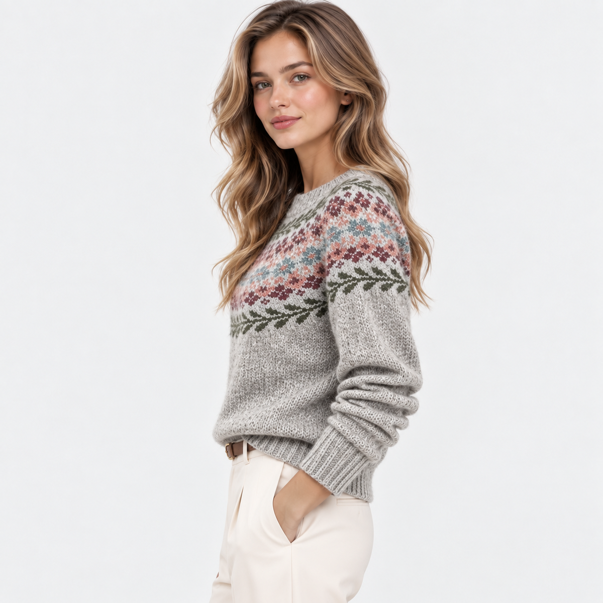 A woman wearing a gray knit sweater with a multicolor Fair Isle pattern across the chest and sleeves, paired with cream pants, photographed against a clean white studio background.
