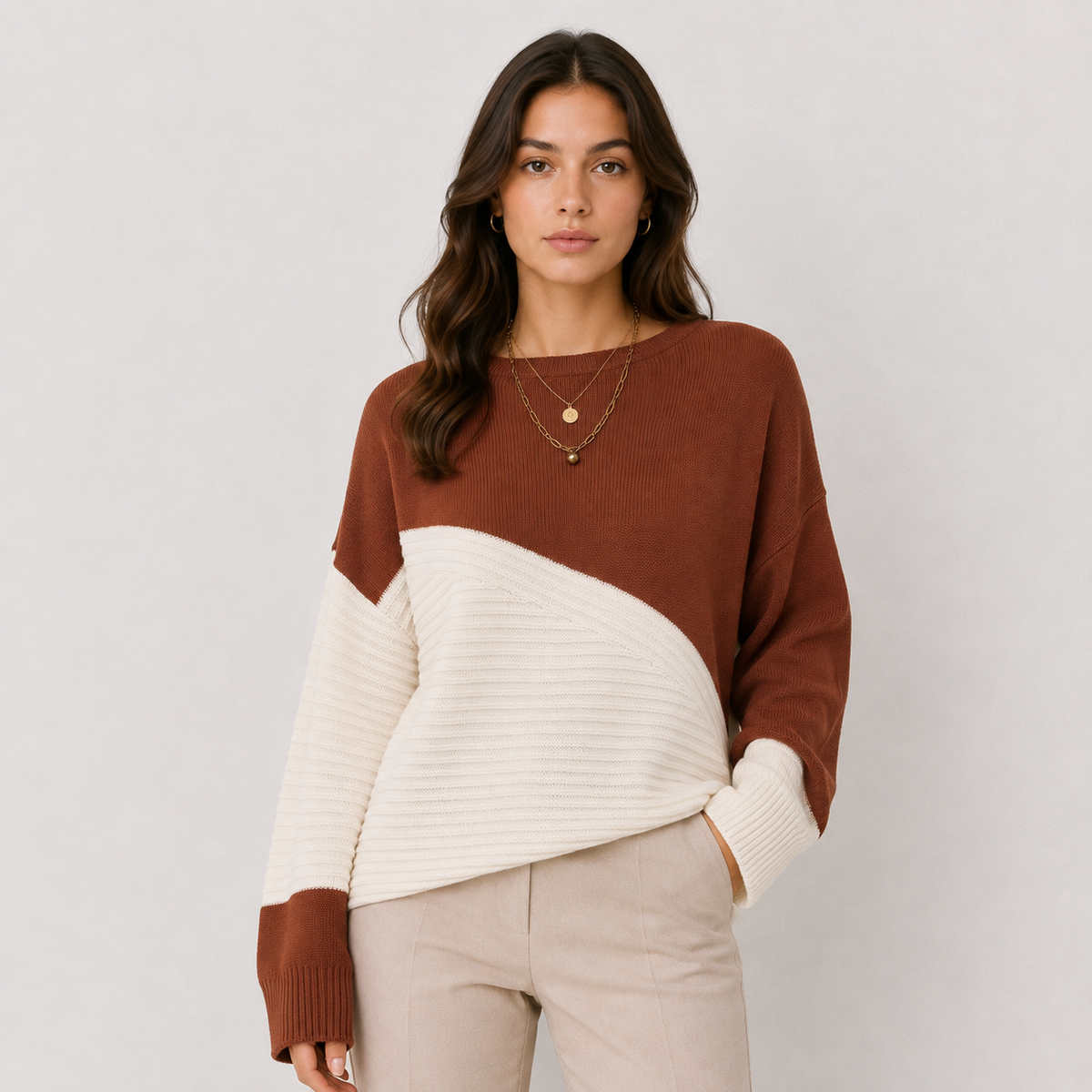 A woman modeling a color-block knit sweater with a brown upper section and sleeves, and an off-white ribbed lower section and sleeves, paired with light beige pants against a light gray studio background.