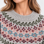 Close-up of a woman wearing a knitted crewneck sweater with a Fair Isle pattern in gray, dusty pink, blue, burgundy, and olive green.