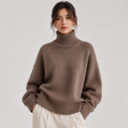 A woman wearing an oversized ribbed turtleneck sweater in taupe brown, paired with cream trousers, against a plain light gray studio background.
