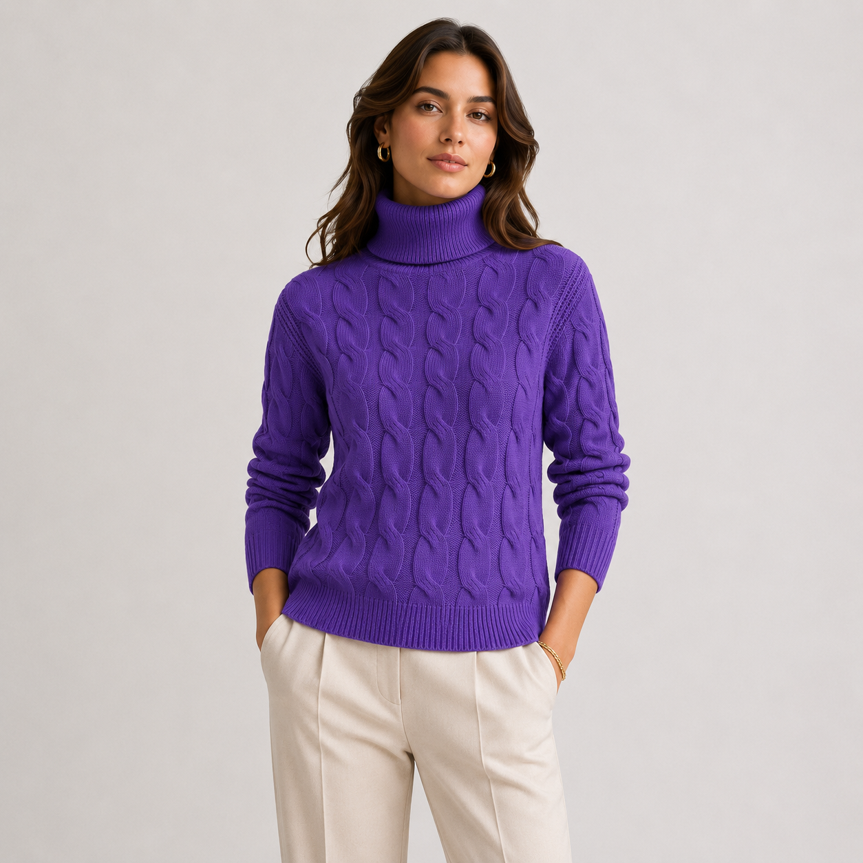 A woman wearing a vibrant purple cable-knit turtleneck sweater and cream-colored trousers, standing against a light gray studio background.