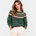A woman wearing a dark green knit sweater with a colorful geometric Fair Isle pattern across the chest, paired with cream trousers and a brown belt, against a plain light gray background.