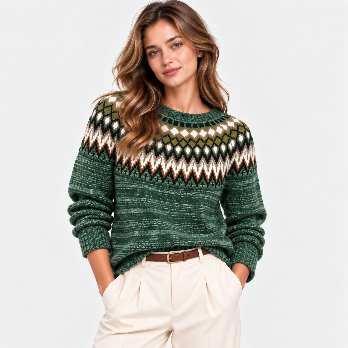 A woman wearing a dark green knit sweater with a colorful geometric Fair Isle pattern across the chest, paired with cream trousers and a brown belt, against a plain light gray background.