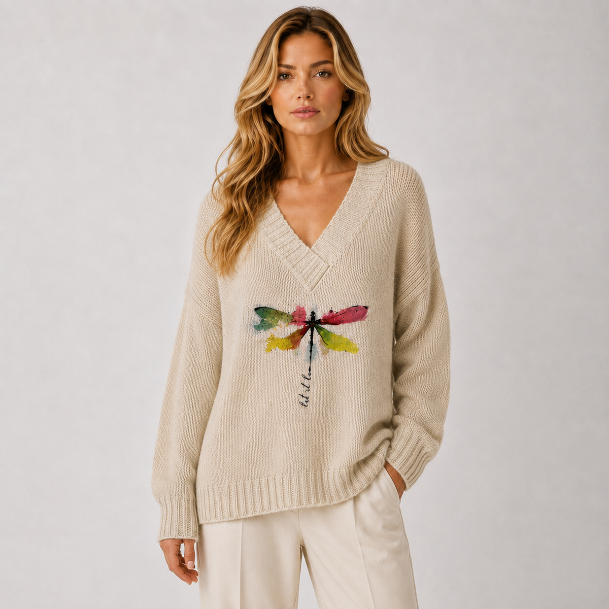 A woman wearing a cream-colored knit sweater with a colorful dragonfly graphic on the front, paired with cream pants, against a light gray studio background.