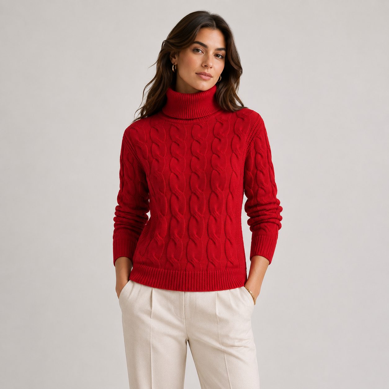 A woman wearing a bright red cable-knit turtleneck sweater and cream-colored trousers, standing against a neutral light gray studio background.