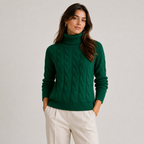 A woman wearing a dark green cable-knit turtleneck sweater and off-white trousers, standing against a light gray studio background.