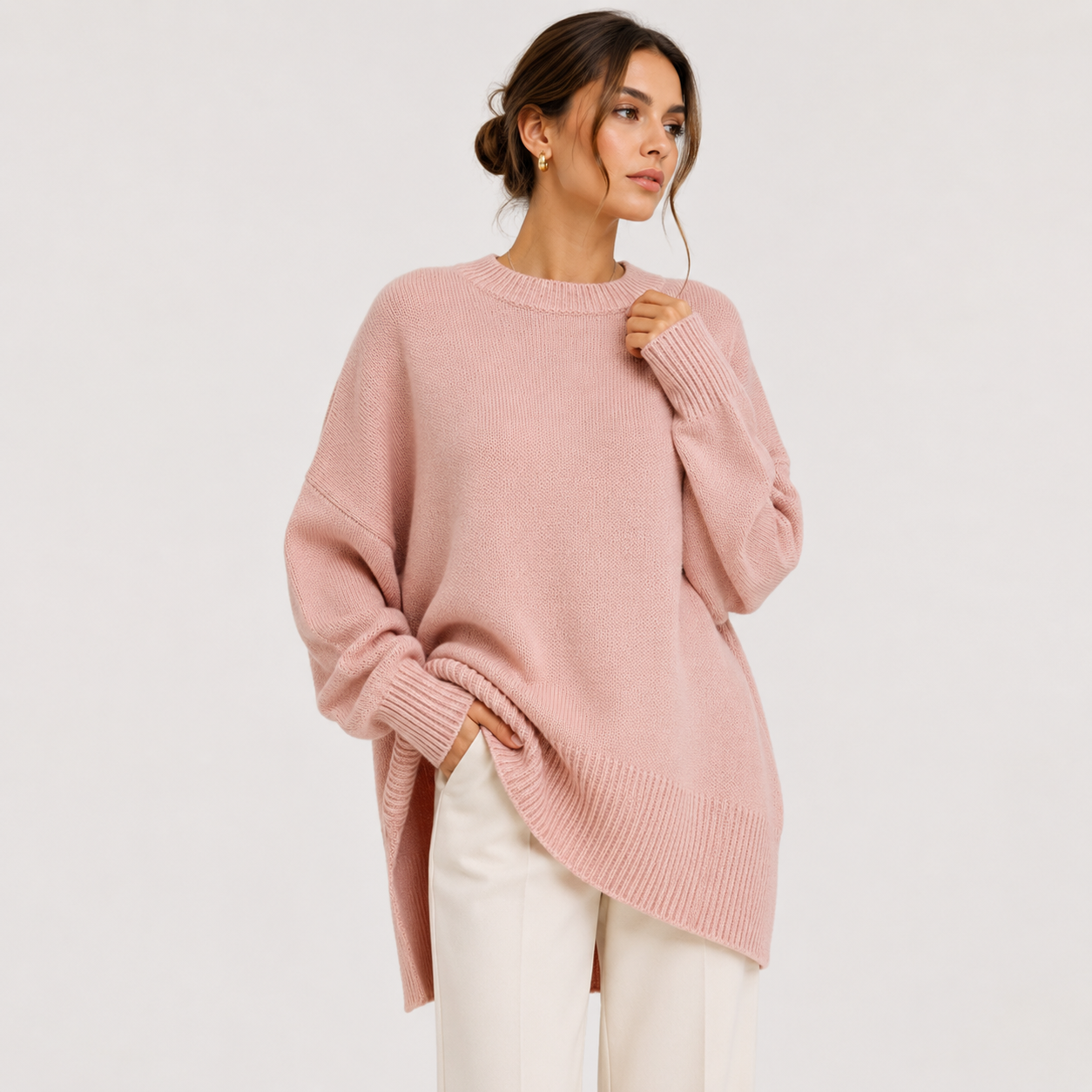 A woman wearing an oversized dusty pink knit sweater with a crew neck and ribbed cuffs, paired with white pants, photographed against a plain light gray studio background.