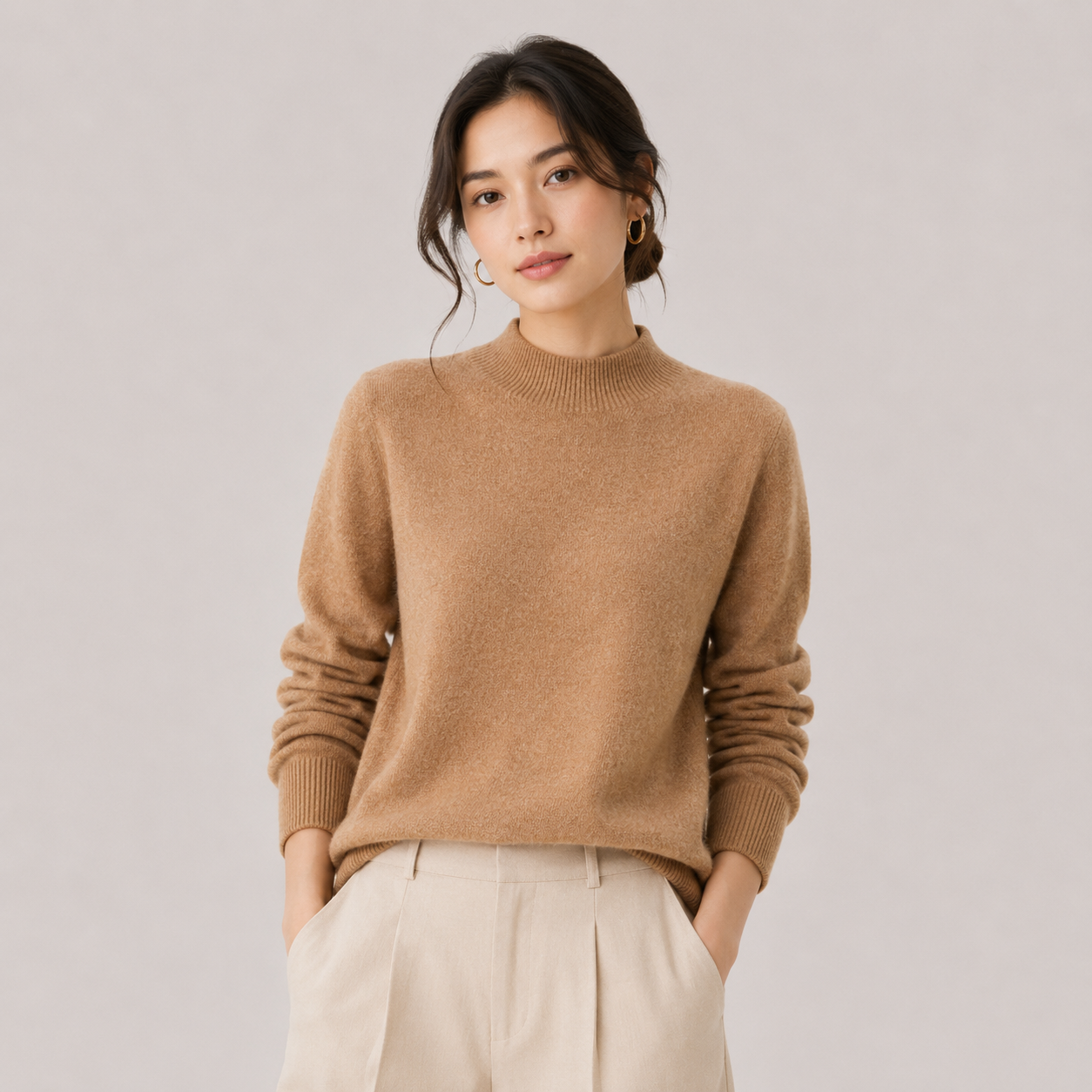 A woman wearing a camel-colored knit mock neck sweater and cream-colored trousers, standing against a light gray studio background.