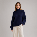 A woman wearing a navy blue chunky cable-knit turtleneck sweater and cream wide-leg trousers, standing against a neutral light gray studio background.