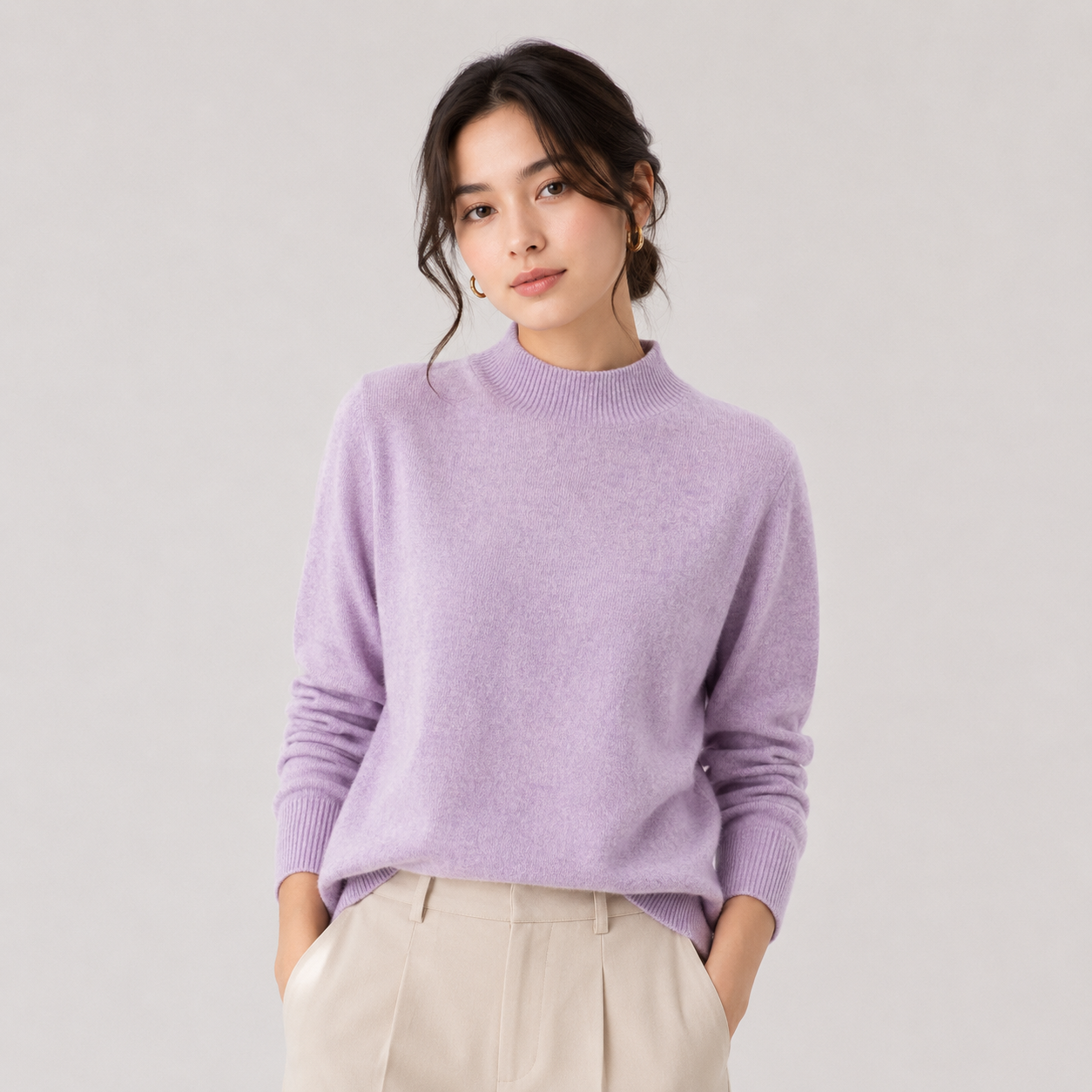 A woman wearing a light purple knit mock neck sweater and beige trousers, standing against a plain light gray background.