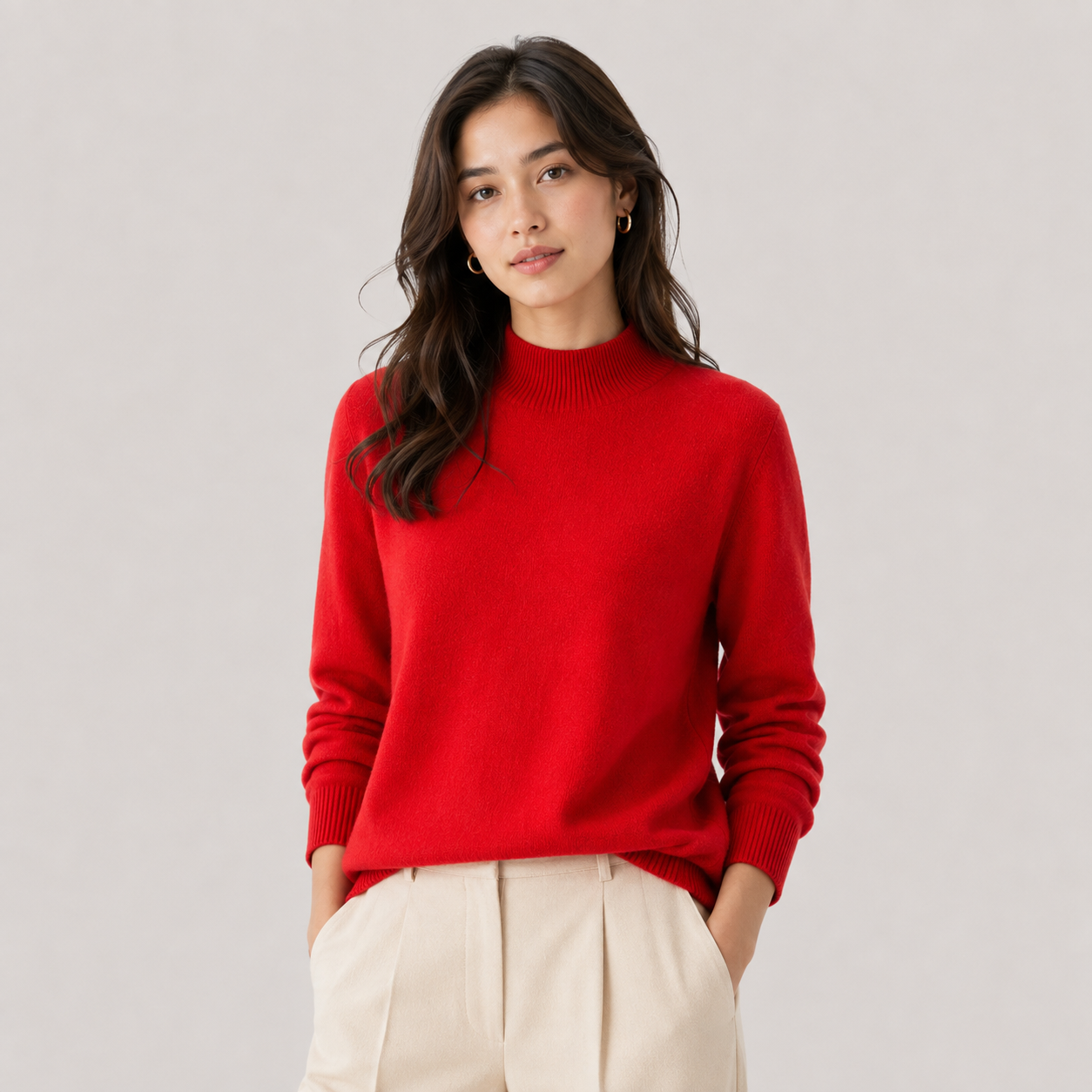 A woman wearing a bright red mock-neck knit sweater and cream-colored pleated trousers, standing against a neutral light gray background.