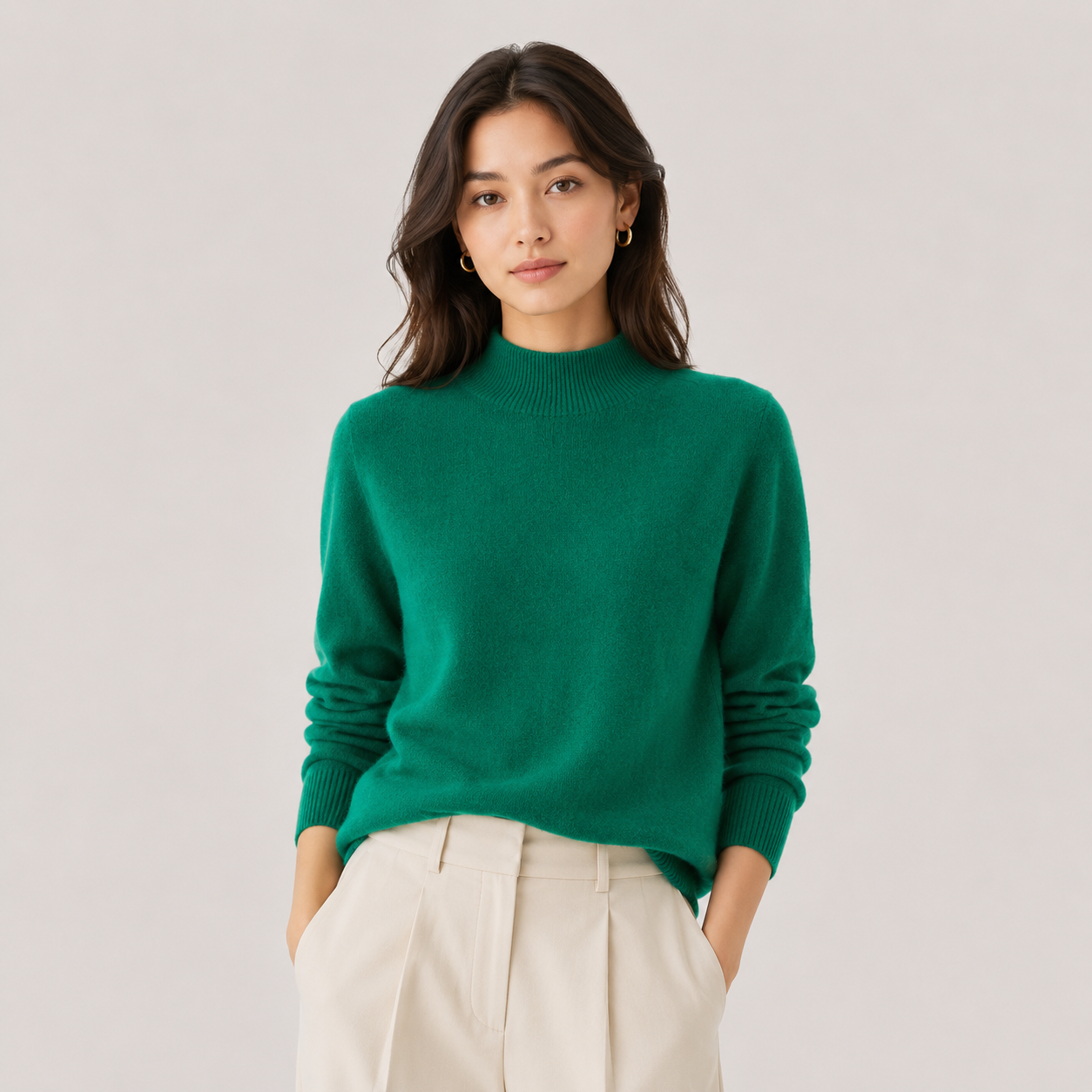 A woman wearing a vibrant green mock neck knit sweater and cream-colored pleated trousers, standing against a solid light gray background.