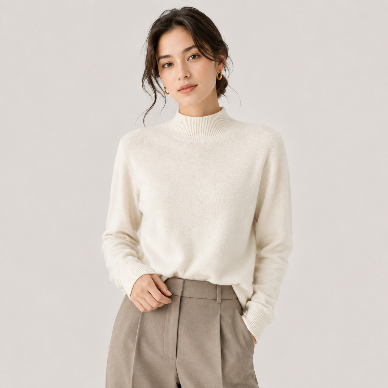 A woman wearing a cream-colored mock neck knit sweater and taupe pleated trousers, standing against a light gray studio background.