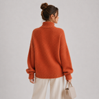 A woman shown from the back wearing a chunky knit turtleneck sweater in a burnt orange color, paired with cream-colored pants and holding a small beige handbag against a light gray studio background.