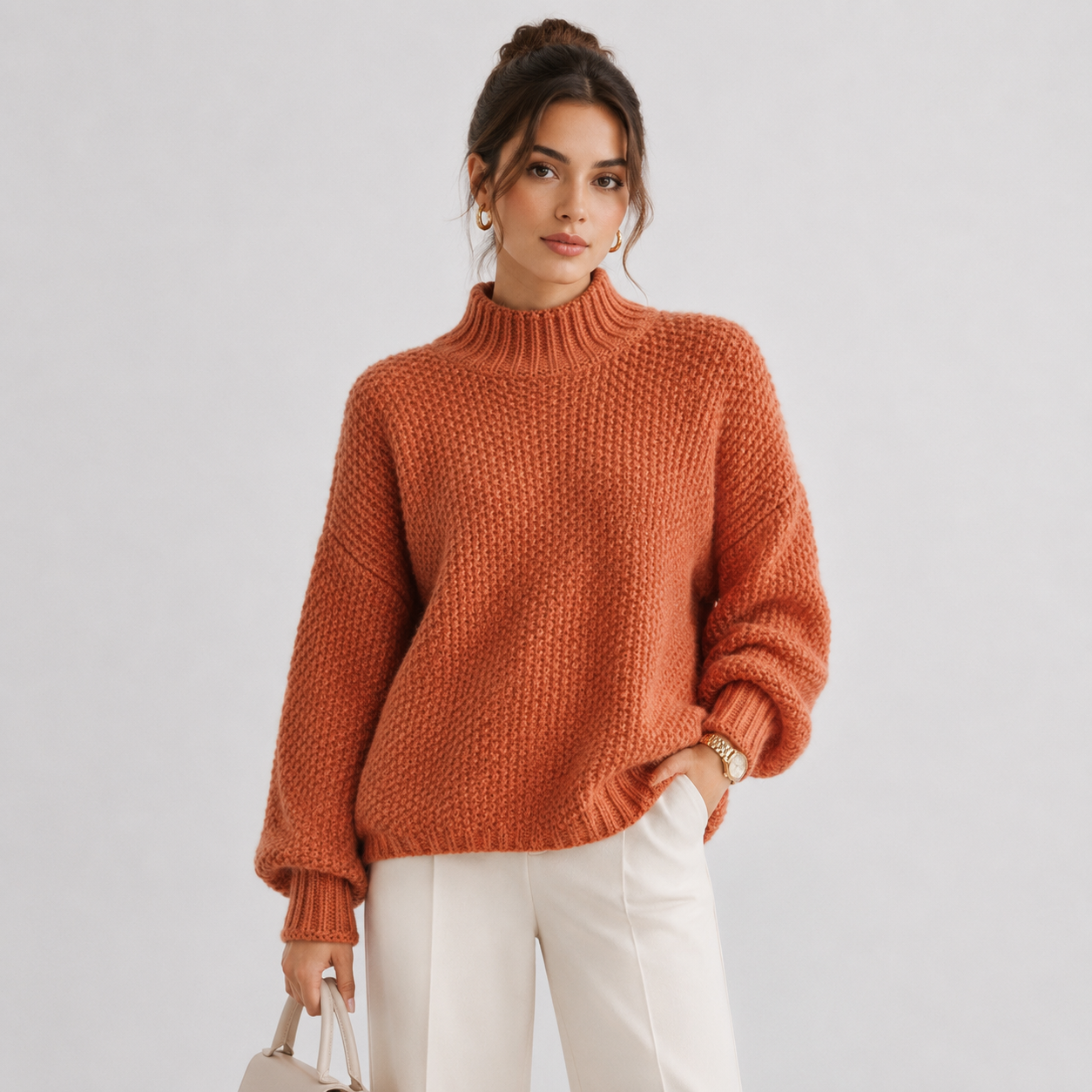 A woman wearing a chunky knit mock neck sweater in a warm rust orange color, paired with white trousers, standing against a light gray studio background.