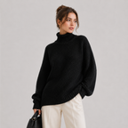 A woman wearing a black cable-knit turtleneck sweater and cream trousers, holding a black handbag against a light gray studio background.