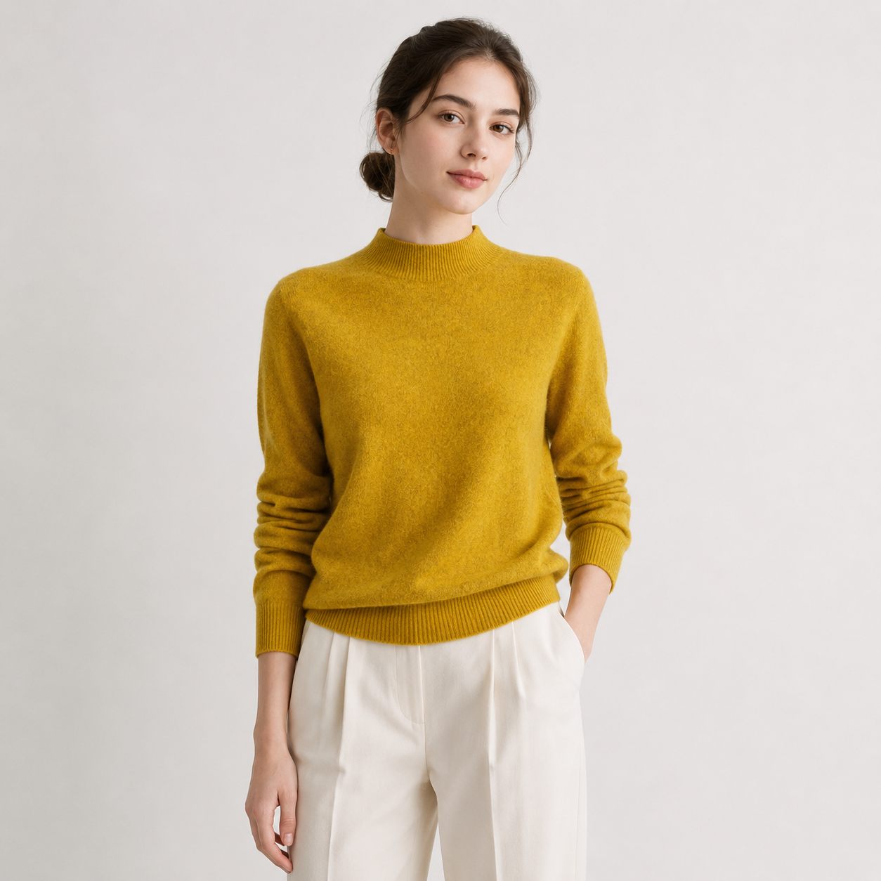 A woman wearing a mustard yellow mock-neck knit sweater and off-white trousers, standing against a plain light gray studio background.