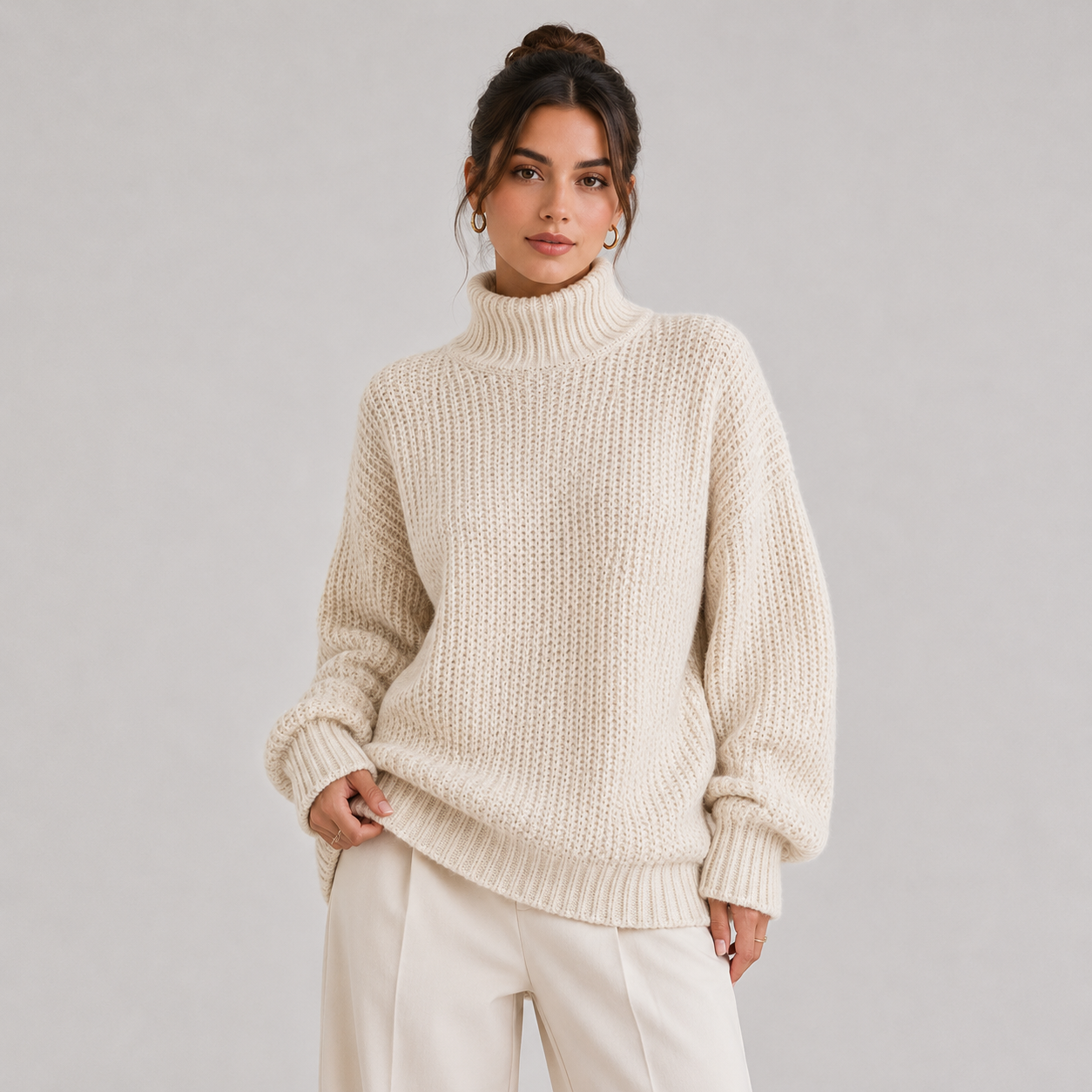 A woman wearing a chunky cream-colored cable-knit turtleneck sweater and matching cream trousers, standing against a solid light gray studio background.