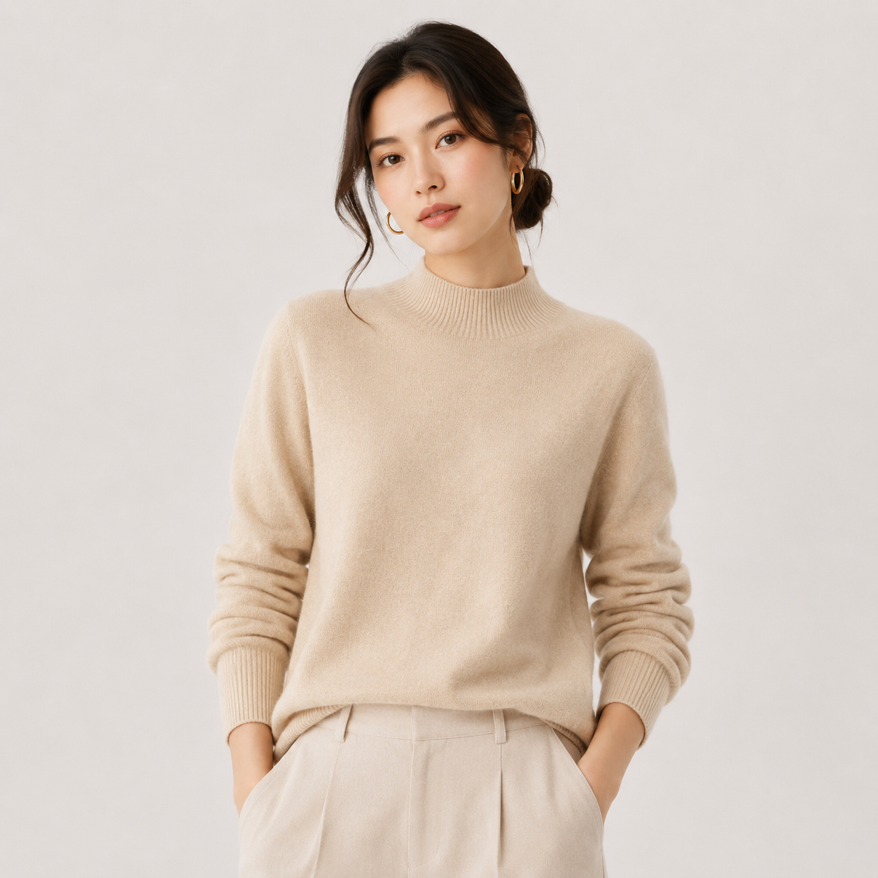 A woman wearing a light beige knit mock neck sweater and matching trousers, standing against a plain light gray studio background.
