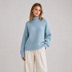 A woman wearing a light blue chunky knit mock neck sweater and cream wide-leg trousers, standing against a neutral light gray studio background.