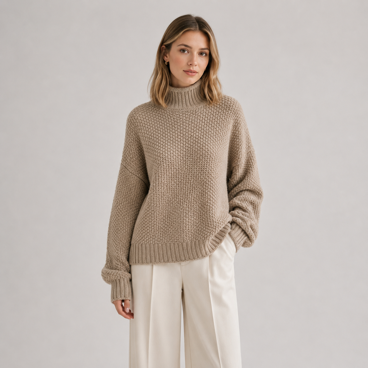 A woman wearing a beige chunky knit mock-neck sweater and white wide-leg trousers, standing against a neutral light gray studio background.