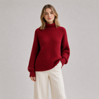 A woman modeling a chunky knit turtleneck sweater in deep burgundy red, paired with off-white trousers, against a solid light gray studio background.