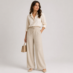 Women's Wide Leg Trousers Elastic Waist and Linen Look