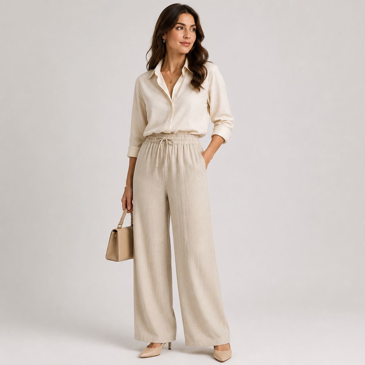 Women's Wide Leg Trousers Elastic Waist and Linen Look