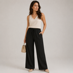 A woman stands against a light gray studio background wearing a sleeveless cream V-neck top and black wide-leg drawstring pants, with beige pointed shoes and a small beige handbag.