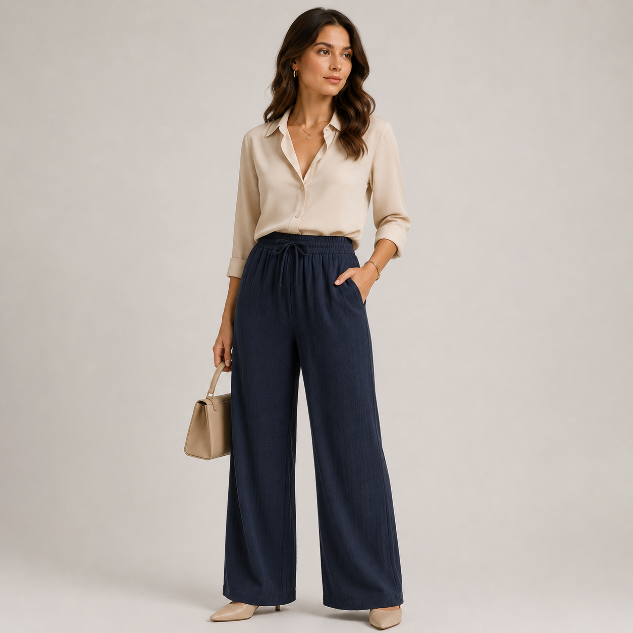 A woman stands against a light gray studio background wearing a cream satin button-up blouse, navy wide-leg drawstring pants, and beige heels, while holding a small beige handbag.