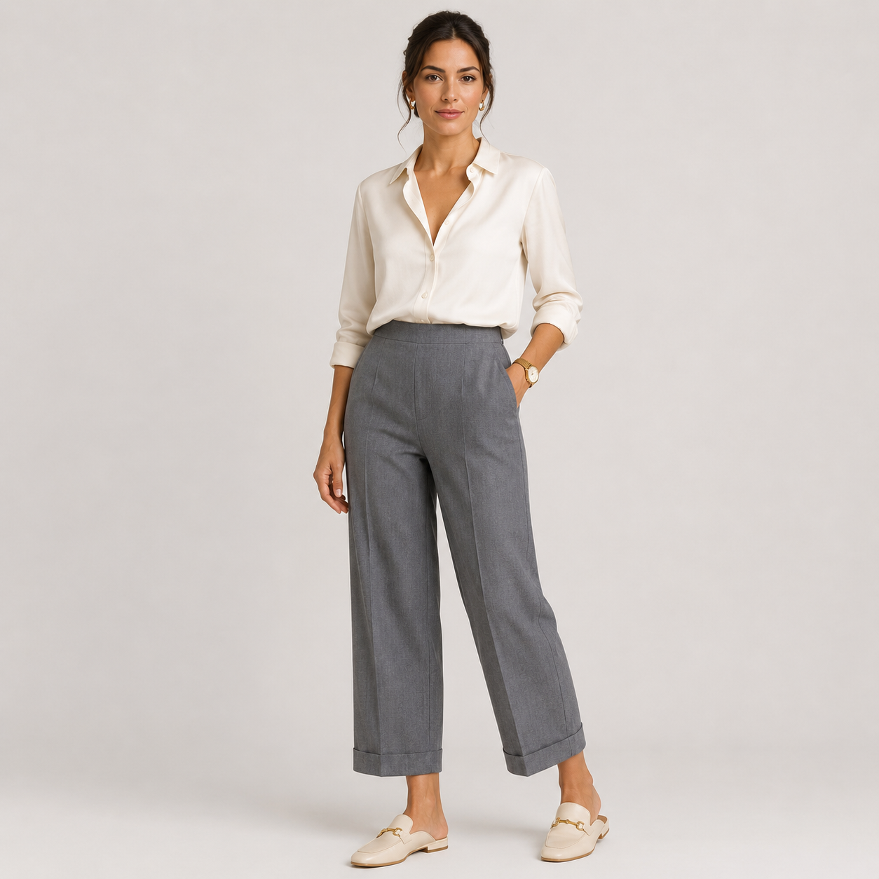 A woman modeling a white button-down shirt and gray cropped wide-leg trousers, paired with beige flat shoes, against a light gray studio background.
