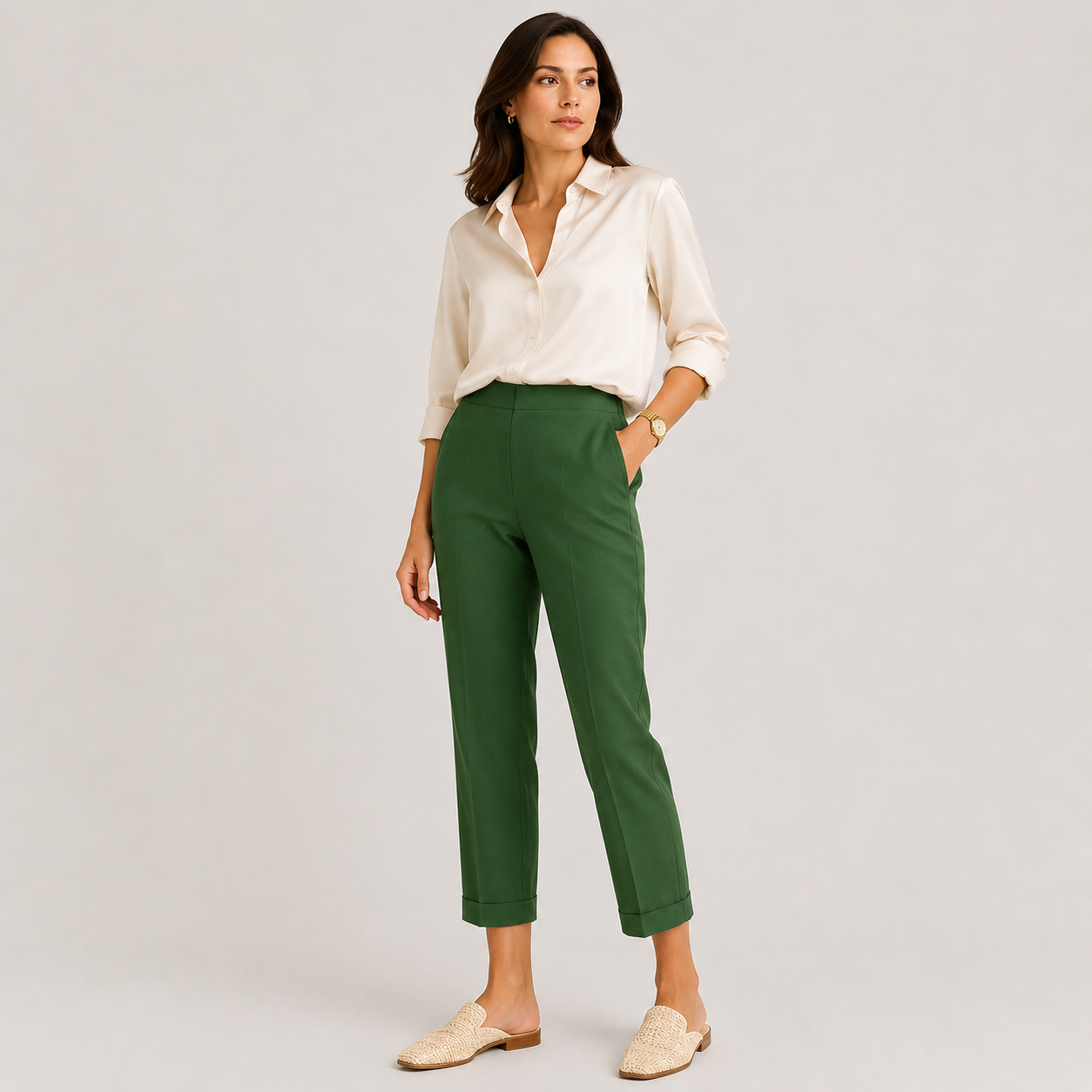 A woman modeling a pair of dark green cropped trousers with a cream button-down shirt and beige loafers, standing against a light gray studio background.