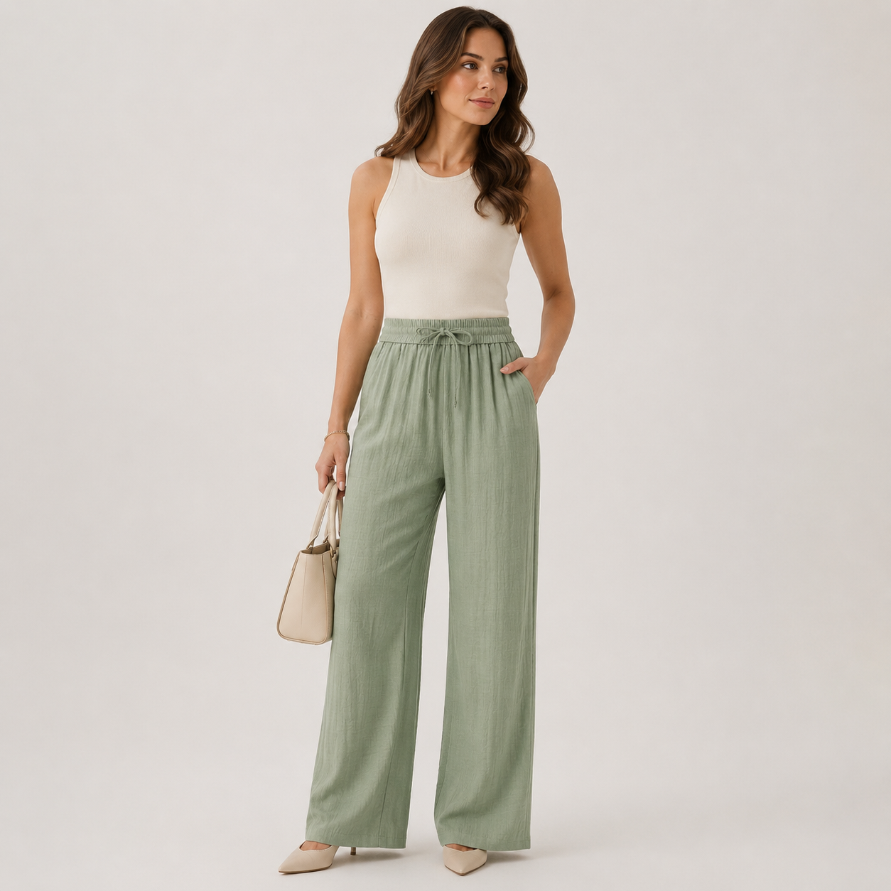 A woman modeling high-waisted, wide-leg sage green trousers with a drawstring waist, paired with a cream sleeveless top and beige heels, holding a small beige handbag against a light gray studio background.