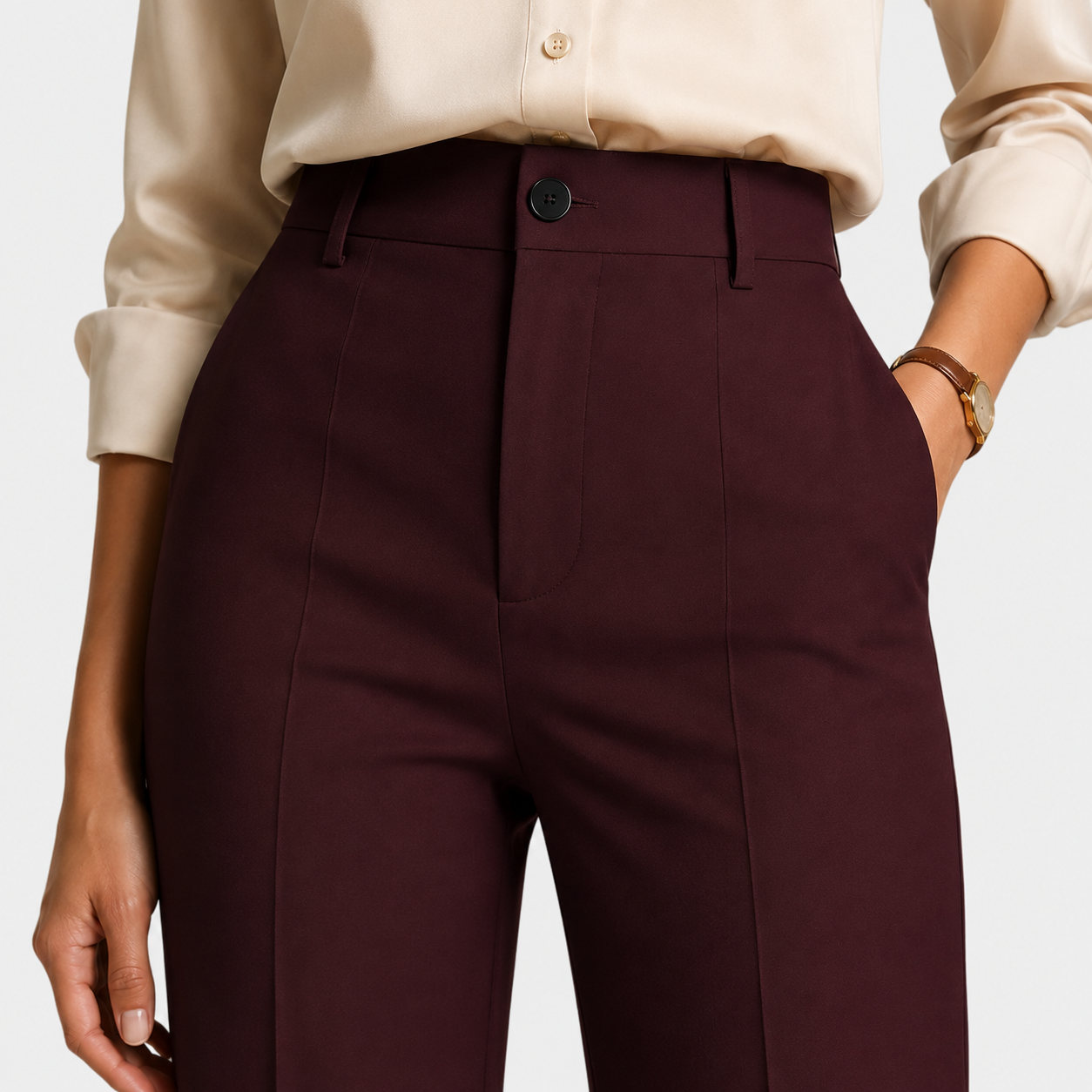 A close-up of a person wearing high-waisted burgundy trousers with a dark button closure, paired with a cream-colored blouse, against a light gray studio background.