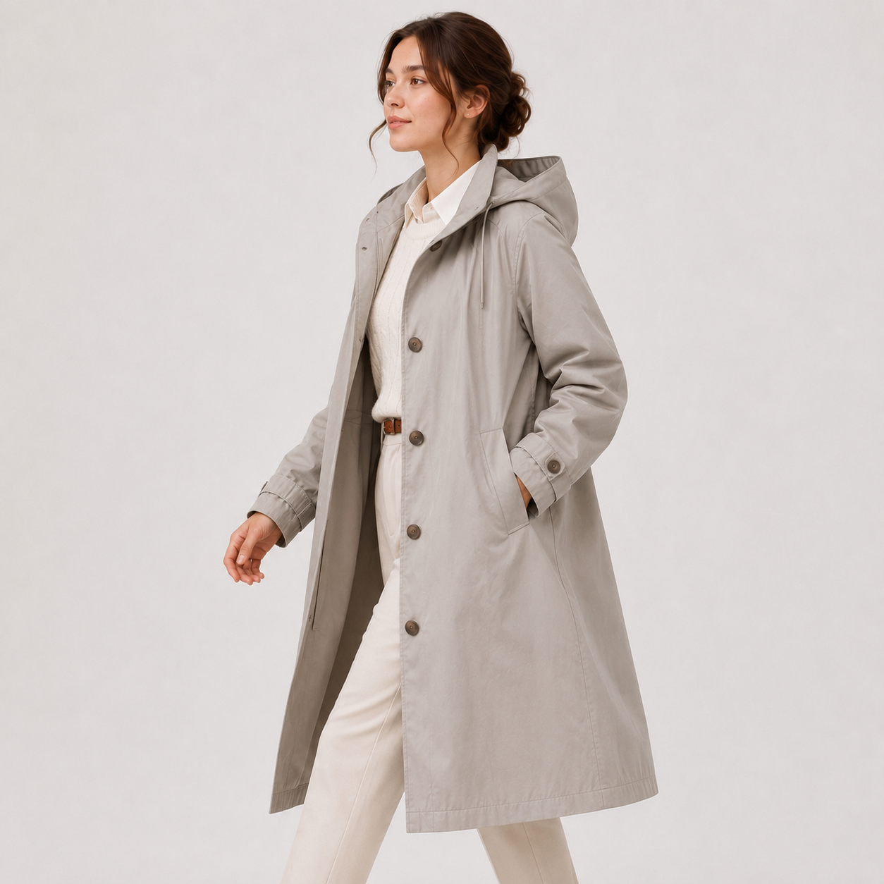 A woman wearing a light gray hooded coat over a cream outfit, photographed against a plain light gray studio background.