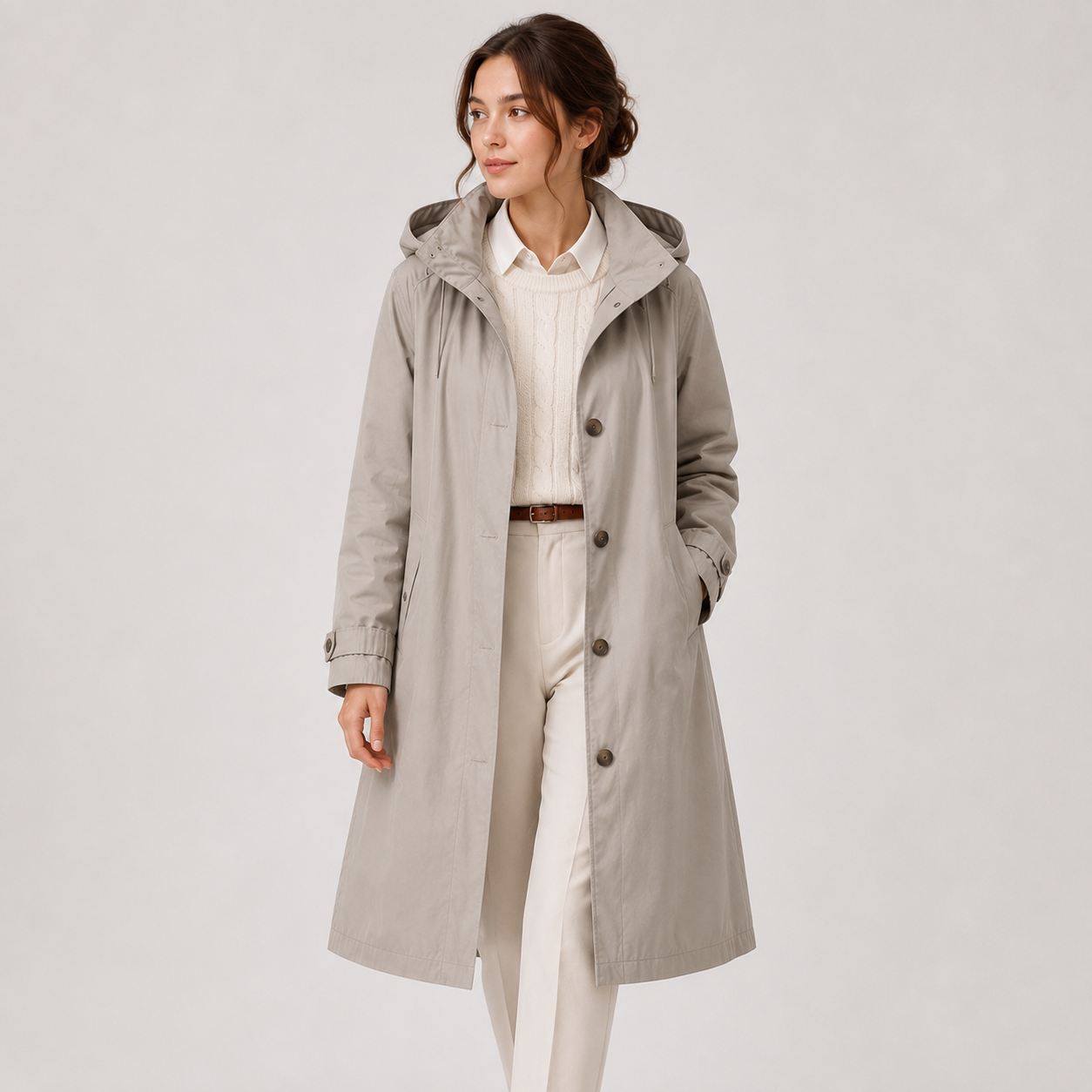 A woman modeling a mid-length light gray hooded trench coat over a cream shirt and cream trousers, standing against a plain light gray studio background.