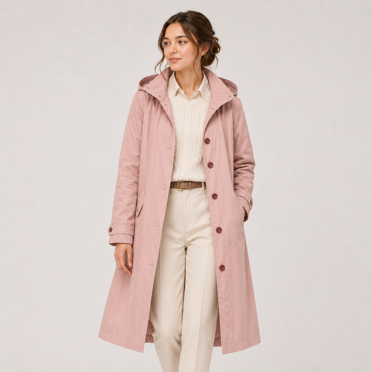 A woman modeling a long, light pink hooded trench coat over a cream ribbed shirt and cream trousers, photographed against a plain light gray studio background.