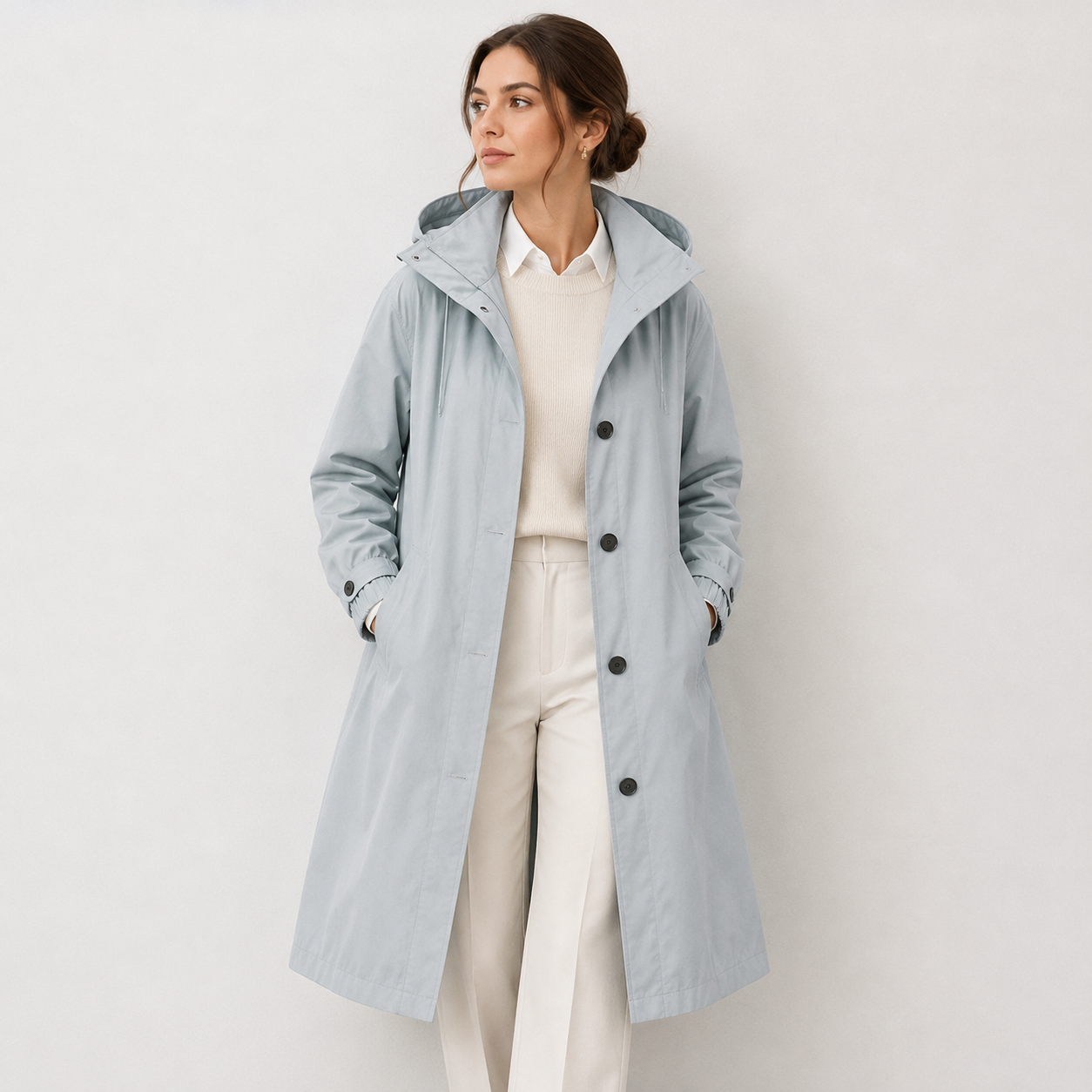 A woman wearing a light blue hooded coat over a cream sweater and cream trousers, standing against a plain light gray studio background.