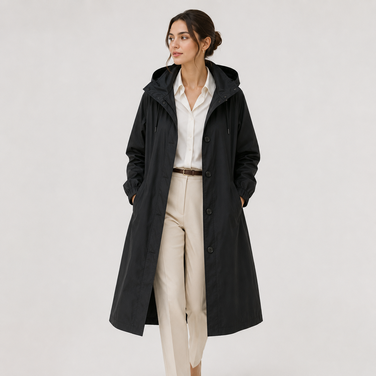 A woman modeling a long black hooded coat over a white button-up shirt and beige trousers, standing against a plain light gray studio background.