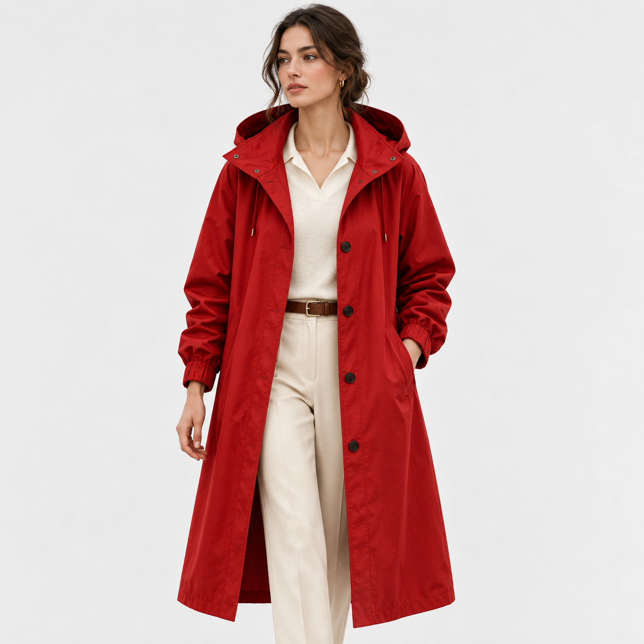 A woman modeling a long red hooded trench coat over a cream collared shirt, cream trousers, and a brown belt, photographed against a clean light gray studio background.