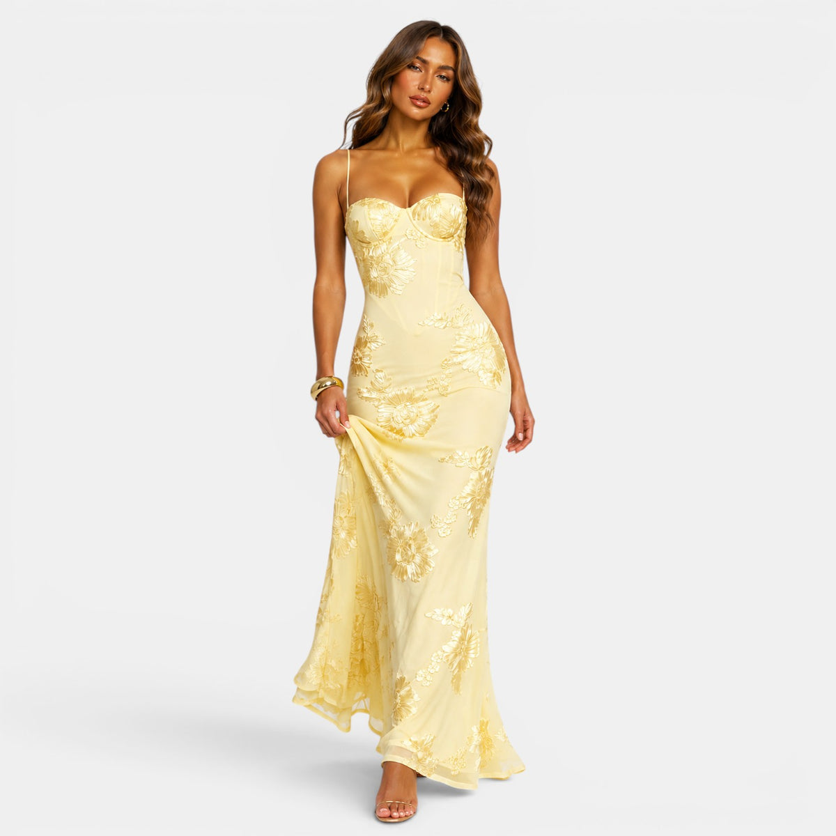 Women's Elegant Floral Evening Dress for Formal Occasions, Yellow / S