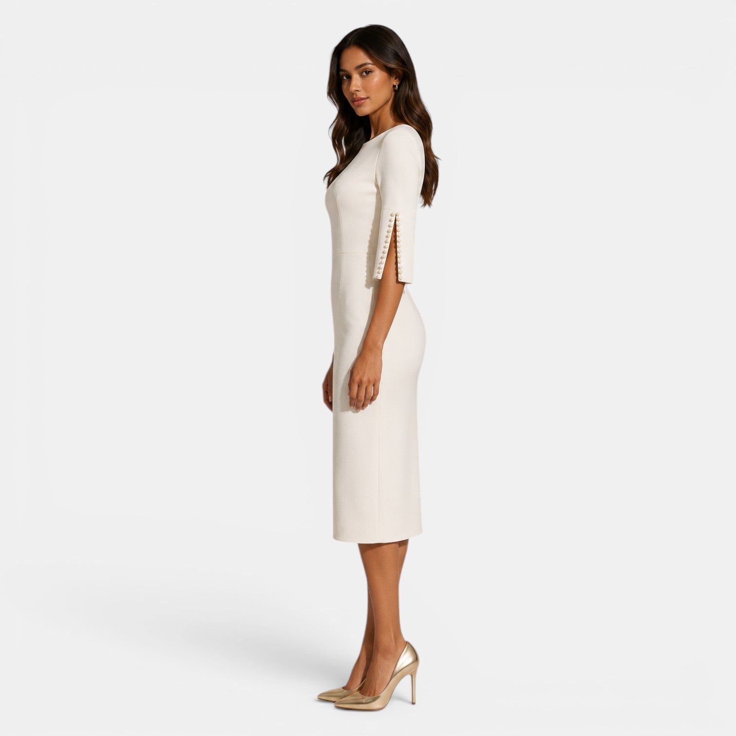 Woman wearing a white dress with cut-out shoulders on a white background