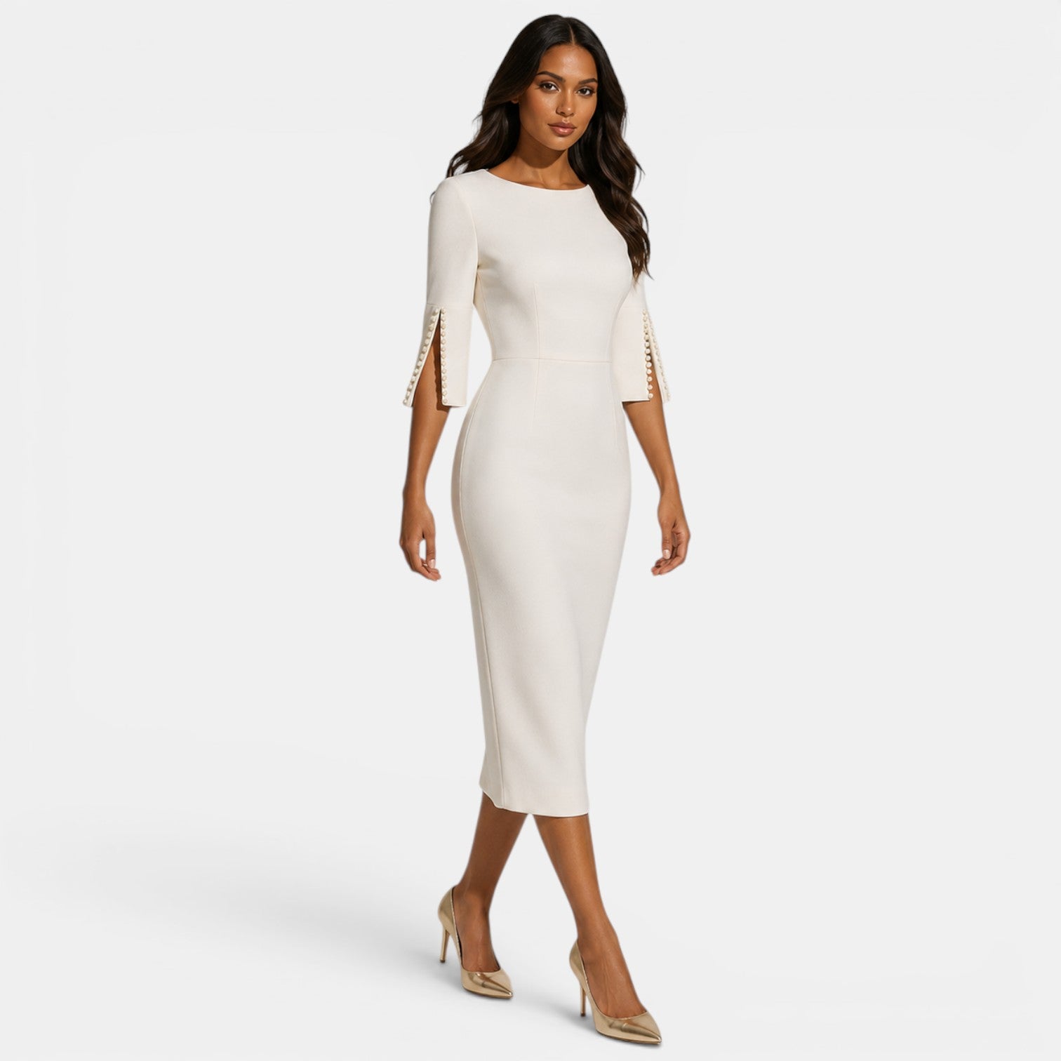 Woman wearing a white dress with cut-out sleeves on a white background