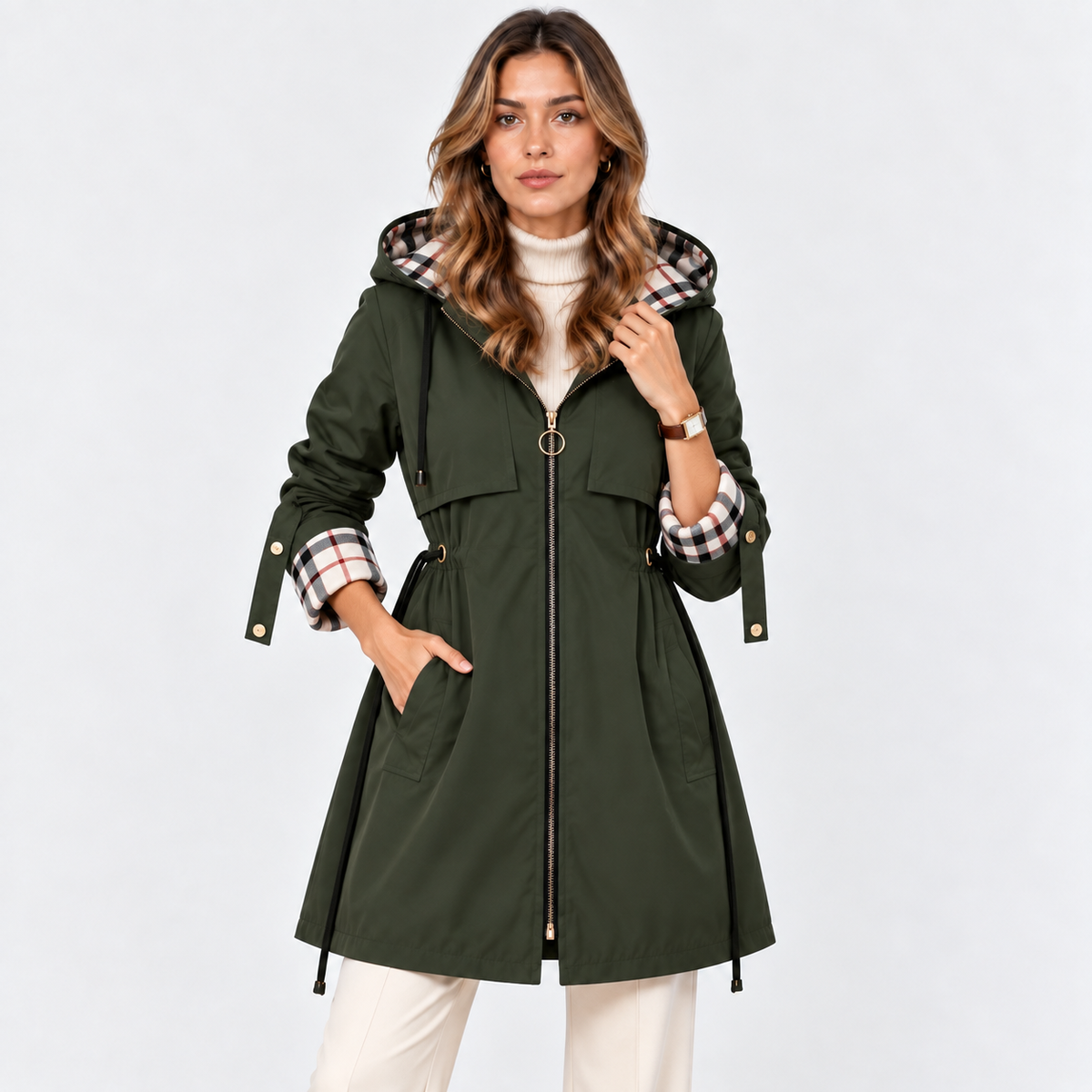 A woman models an olive green hooded parka jacket with a plaid-lined hood and cuffs, paired with a white turtleneck and cream pants, against a plain white studio background.