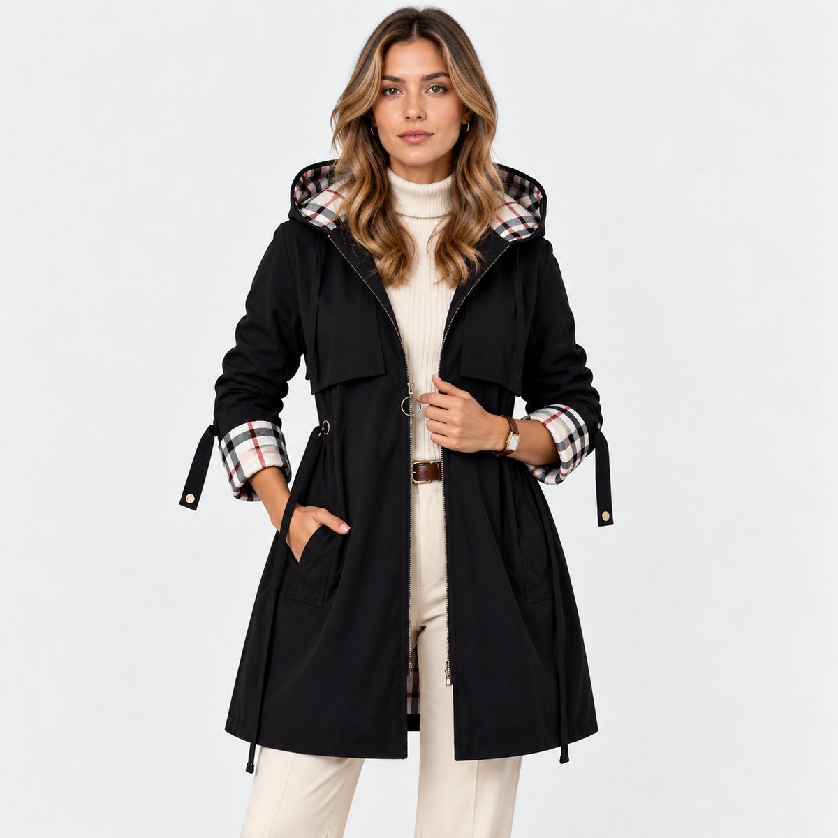 A woman models a black hooded coat with a beige, black, and white plaid lining on the hood and cuffs, worn over a cream turtleneck sweater and cream pants against a light gray studio background.