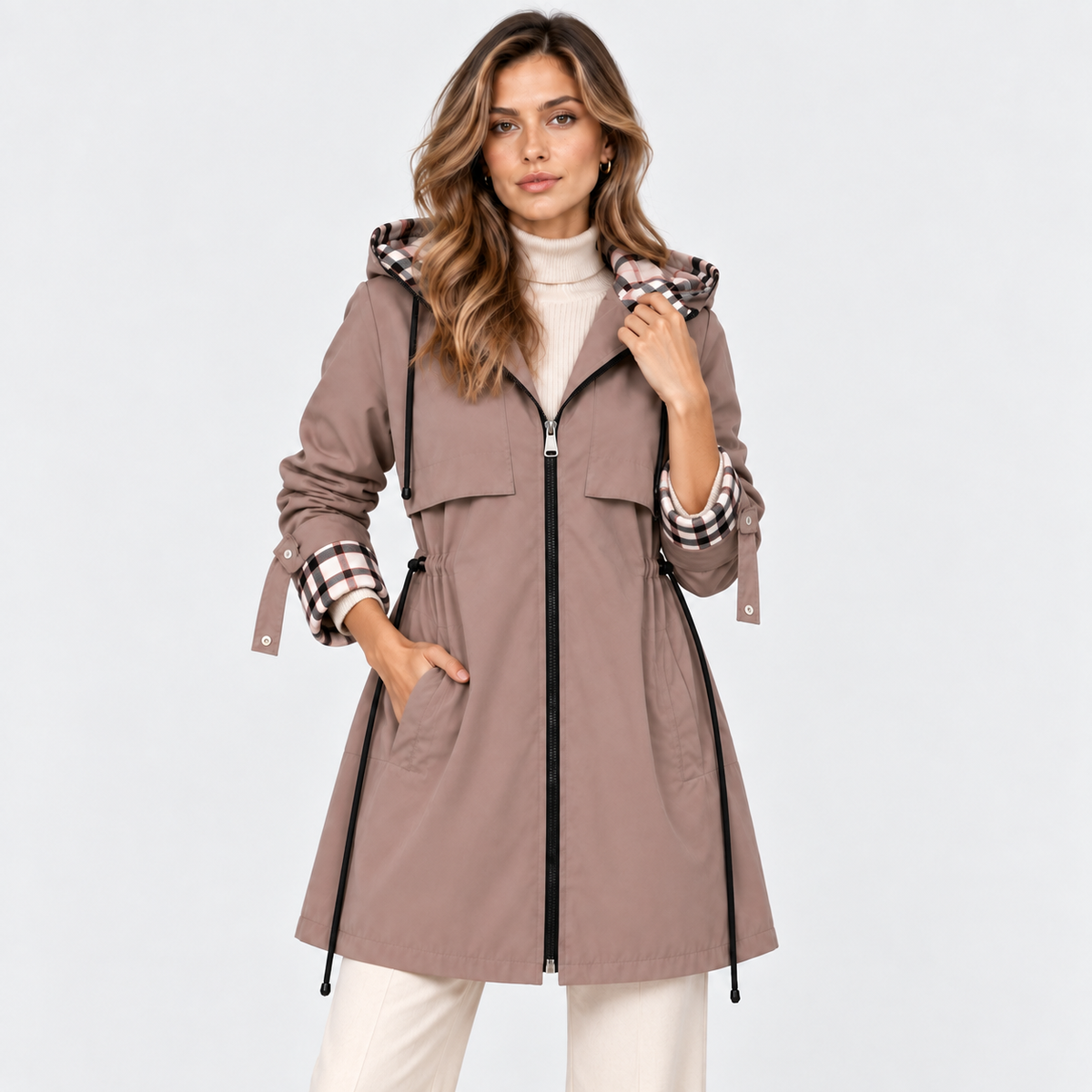 A woman models a taupe-brown hooded raincoat with a black front zipper, black drawstrings, and a plaid pattern lining the hood and cuffs, paired with a white turtleneck and white pants against a light gray studio background.